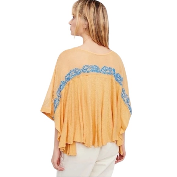 FREE PEOPLE Love Letter Embroidered Poncho Tee in Tangerine Yellow Size S — FUN! - Picture 6 of 11